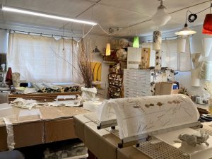 Artist studio showing paper lamp drying process
